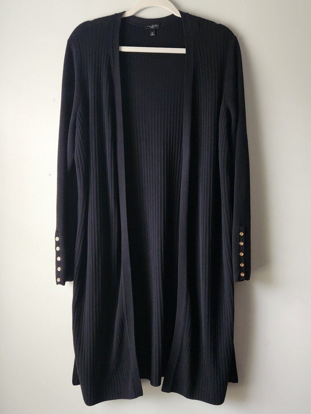 Talbots Woman Long Open Black Ribbed Cardigan Sweater Duster